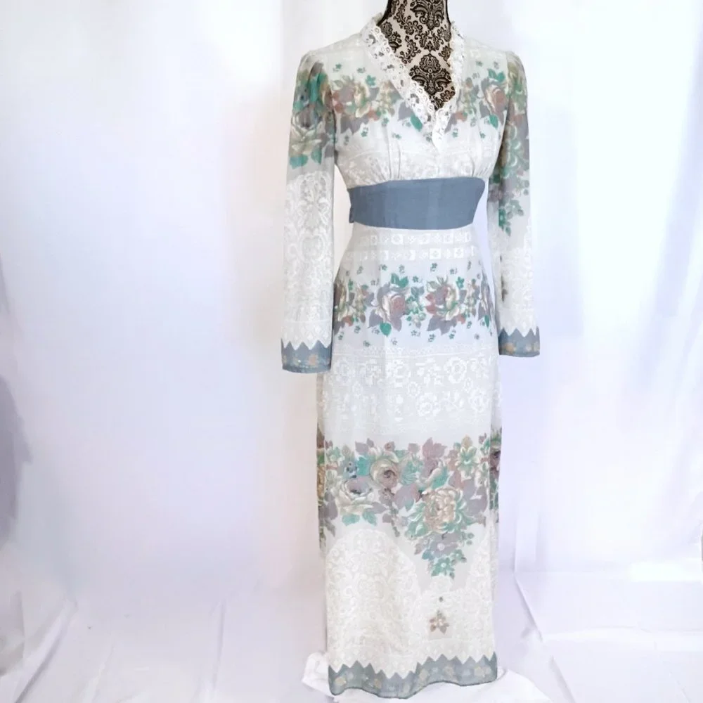 VINTAGE 70's Floral Voile LS High Waist Cottagecore Prairie Maxi Dress XS - Picture 4 of 5